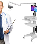 No Fuss Adjustable Height Rolling Medical Cart with adjustable tray and pullout keyboard for hospital use.