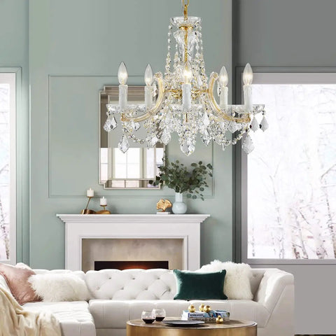 Glam Crystal Chandelier In Gold Finish With 5 Lights, Maria Theresa Style K9 Crystals, above modern living room setting