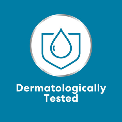 Symbol with drop and shield above text 'Dermatologically Tested' on blue background.