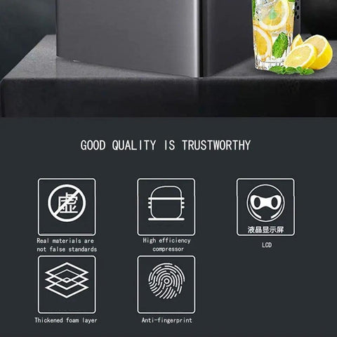 Heavy Duty Countertop Ice Maker Cranks Out Fifty Five Pounds Of Fresh Cube Ice Daily With Ridiculously Fast Twelve Minute Batch And Zero Drama Auto Clean System features quality assurance icons.