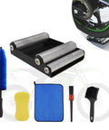 Motorcycle Wheel Cleaning Stand With Cleaning Brush Kit Universal Roller Paddock For Dirt Street Bikes And Ebikes For Tire Cleaning And Chain Lubrication Designed For Bikes Under 500 Lbs And Tire Width Under 180 Mm with accessories visible