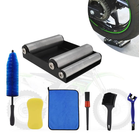 Motorcycle Wheel Cleaning Stand With Cleaning Brush Kit Universal Roller Paddock For Dirt Street Bikes And Ebikes For Tire Cleaning And Chain Lubrication Designed For Bikes Under 500 Lbs And Tire Width Under 180 Mm with accessories visible