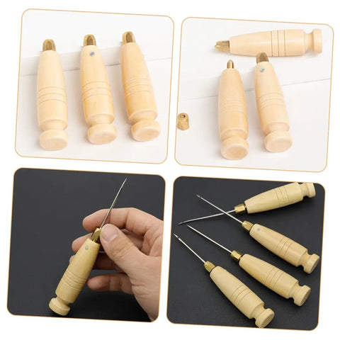 Heavy Duty Two Piece Leather Awl Handle Replacement Set For Handmade Crafts Featuring An Ergonomic Grip on a black background.