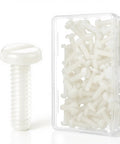 50 Pack White 632 X 1 2 Slotted Switch Plate Screws Includes Tidy Latch Container, showing screws in clear packaging.