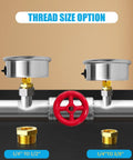 Pair of stainless steel back-mount pressure gauge housings on a pipe with red handwheel valve and brass adapters