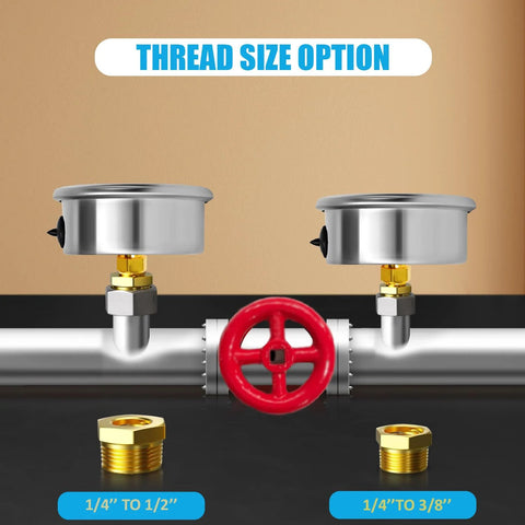 Pair of stainless steel back-mount pressure gauge housings on a pipe with red handwheel valve and brass adapters