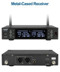 Dual Wireless Microphone System With Metal Handheld Mics And Receiver showcasing metal-cased receiver with display and ports.