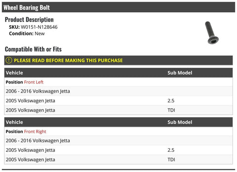 Wheel Bearing Bolt Set For VW Jetta 2005-2016 Front Left And Front Right Fits 2005 Jetta 2.5 And TDI OEM Style Hardware
