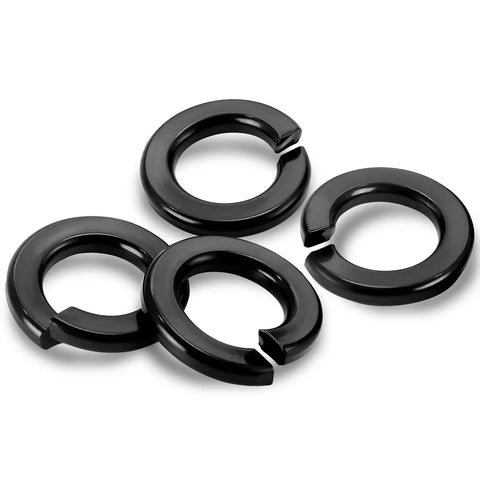 Close-up of 304 stainless steel Three Eighths Inch Split Lock Washers Set Of 50 with black oxide finish on white background