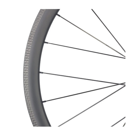 Close-up of 50mm Carbon Clincher Wheelset For 700C Road Bikes Tubeless Ready With Laser Brake Surface and Pillar 1423 Spokes.