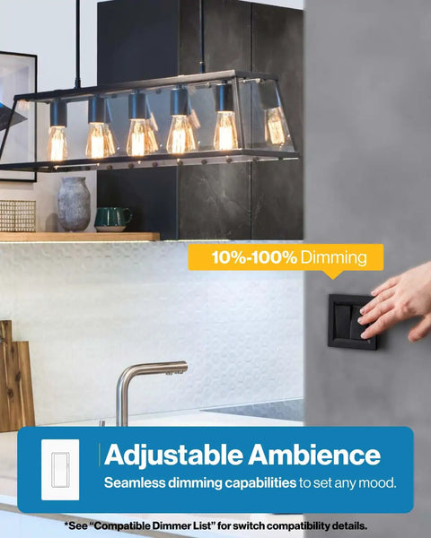 12 Pack LED Edison Bulbs ST64 Vintage Filament Clear Waterproof Dimmable Bulbs in modern kitchen chandelier with dimming feature.