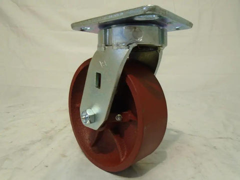 6 Inch Ductile Steel Caster Wheel Set With Heavy Duty Roller Bearings And Zerk Fitting showing a rigid caster wheel with metal plate.