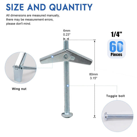 60 Pcs One Quarter Inch Zinc Plated Steel Round Head Toggle Bolts With Wing Nuts For Hanging Heavy Items On Drywall Durable Carbon Steel Construction Rust Resistant