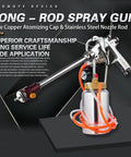 No Sweat Long Reach Straight Spray Gun Kit With Heavy Brass Atomizer And Pressure Relief Valve Includes Two Liter Paint Cup showing copper atomizer and stainless steel nozzle.