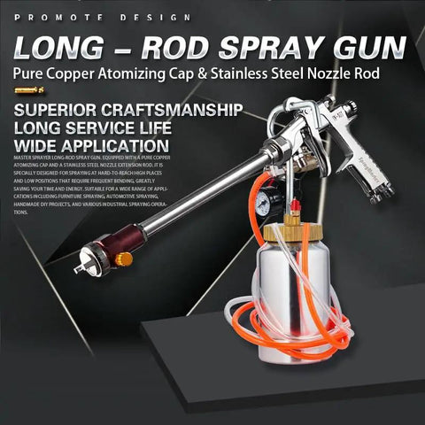 No Sweat Long Reach Straight Spray Gun Kit With Heavy Brass Atomizer And Pressure Relief Valve Includes Two Liter Paint Cup showing copper atomizer and stainless steel nozzle.