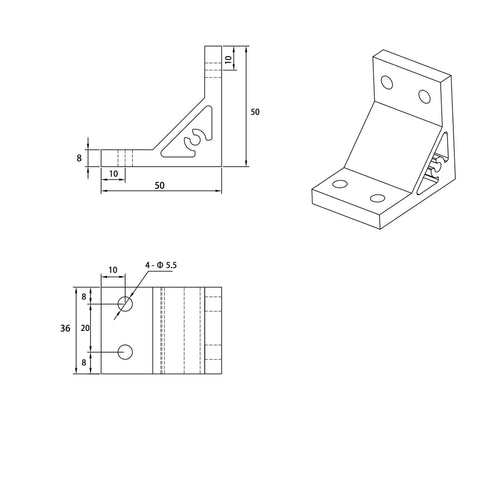8 Pack Hefty Silver Corner Brackets for 2040 Aluminum Extrusion Profile Connectors Including M5 Hex Socket Screws T Nuts and Allen Wrench Set technical drawing showing dimensions and design details.