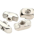100 Pack Of M6 T Slot Nuts Forged From Nickel Plated Carbon Steel For 4545 Aluminum Extrusions, showing four hammer head fasteners.
