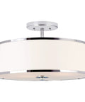 Chloe 15 Inch Modern Semi Flush Ceiling Light With White Fabric Drum Shade Three Light Fixture Featuring Tempered Glass Diffuser And Chrome Finish