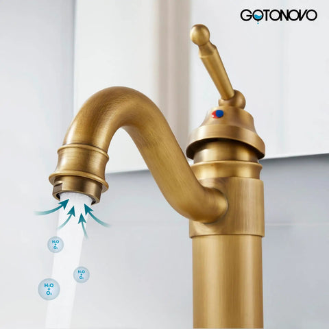 Antique Brass Bathroom Vessel Sink Faucet With Long Reach Single Handle Deck Mounted Mixer Tap For 1 Hole Installation Pop Up Drain Filtered Spout Rust Resistant Brass Construction Easy Hot And Cold Control with water stream detail.
