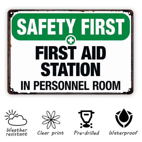 First Aid Station Aluminum Sign 8x12 Inches Built Tough Weatherproof Metal Sign for office and factory areas with safety message.