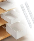 2 Pack Under Mount Cabinet Drawer Slides Featuring Grippy Adhesive Pull Out Shelf Rails No Fuss Heavy Duty Hardware For Solid Build And Effortless Glide On Any Standard Shelf with white shelves.