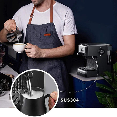 Compact Latte Machine With 20 Bar Espresso Semi Automatic Milk Frother Steam Wand 1250W shown on countertop with barista