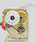 Top Shelf Stainless Steel Pasta Roller And Cutter Attachment Set Smooth Rolling Dough Presser For Home Kitchens Built Tough Easy Clean Kitchen Game Changer close-up of internal gears and mechanism.
