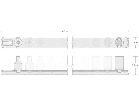 Diagram showing dimensions of One Quarter Inch Drive Shallow External Star Socket Set On Rail Eight Piece With E4 E5 E6 E7 E8 E10 E11 E12