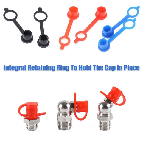 Grease Zerk Fitting Caps 300Pcs Assortment Kit M6 Red M8 Blue M10 Black With Keeper Dust Covers And Storage Box Durable Polyethylene Color Coded For Brake Bleeder Screws And Automotive Repairs For The Shop shown with retaining rings