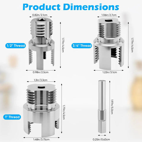 Product dimensions of Dual Function PVC Pipe Threader Kit for One Half Three Quarters and One Inch Pipes Internal and External Threading Tool