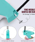 Slick Mini Tagging Gun For Apparel Repair And Crafting showing fine needle, 0.04in depth, gentle on cloth without damage.