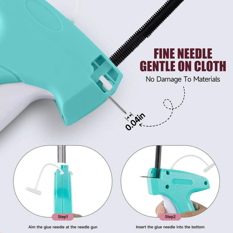 Slick Mini Tagging Gun For Apparel Repair And Crafting showing fine needle, 0.04in depth, gentle on cloth without damage.