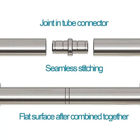 Close-up of stainless steel tube connector for sliding ladder kit, showing seamless stitching and flat surface joining.