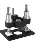Rock Solid Aluminum Router Lift System For Dead Nuts Height Adjustment And Top Shelf Woodworking Control With Spot On Precision Above Table Setup For Tenoning Grooving Trim Black close-up view showing aluminum frame and height adjustment features.