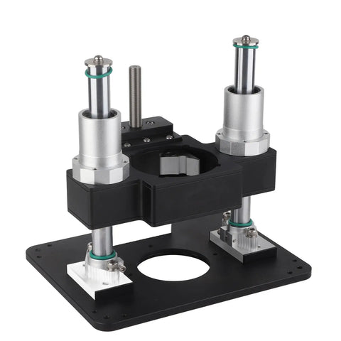 Rock Solid Aluminum Router Lift System For Dead Nuts Height Adjustment And Top Shelf Woodworking Control With Spot On Precision Above Table Setup For Tenoning Grooving Trim Black close-up view showing aluminum frame and height adjustment features.