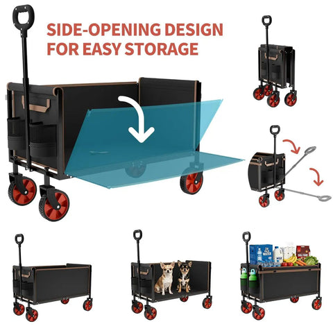 All Terrain Collapsible Wagon Cart With 220 Lb Load Capacity showcasing side-opening design for storage, beach trips, camping.