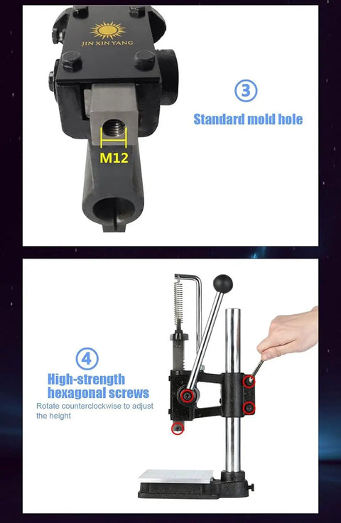 Heavy Duty Manual Arbor Press Machine With Ball Bearing Design view showing adjustable hexagonal screws and mold hole.