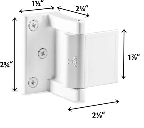 Door Lock Reinforcer For In Swinging Doors Privacy Latch Extra High Security With 800 Lbs Of Force Easy Install White Finish Home Door Security Lock For Peace Of Mind And Family Safety, shown with measurements and white finish.