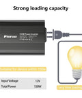 Road Life Ready 150W Car Power Inverter Converts 12V DC To 110V AC With Quick Charge Ports showing device specifications and plug connection.