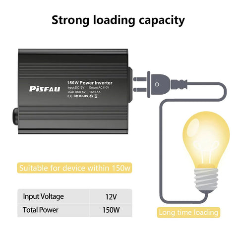 Road Life Ready 150W Car Power Inverter Converts 12V DC To 110V AC With Quick Charge Ports showing device specifications and plug connection.