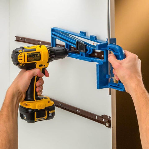 Universal Drawer Slide Jig For Cabinets Easy Install Drawer Slides Quickly And Accurately With A Locking Wedge Adjustable Indexing Foot in use