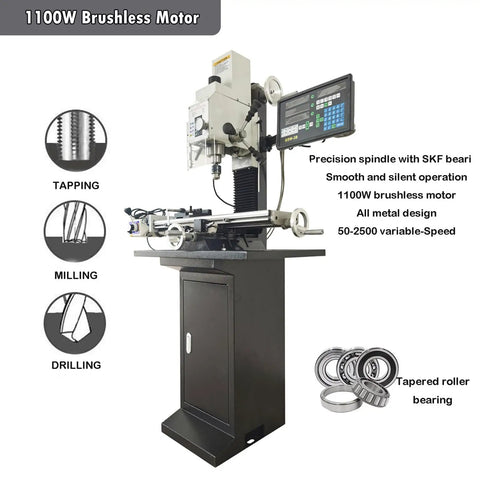 Badass Little R8 Mini Milling Machine With Brushless Motor Sleek Digital Readout showcasing 1100W motor and all metal design.