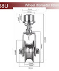 Built Tough 304 Stainless Steel Sliding Gate Caster Wheel Featuring Spring Shock Absorption showing dimensions and design details.