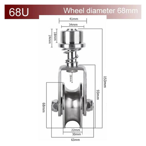 Built Tough 304 Stainless Steel Sliding Gate Caster Wheel Featuring Spring Shock Absorption showing dimensions and design details.