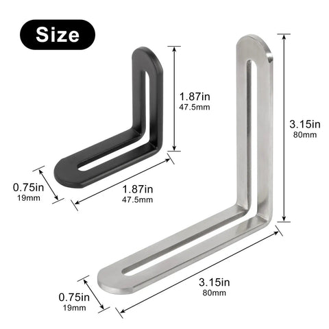 Image showing sizes of 10 Pack Tough As Nails Black Corner Brackets Rock Solid Stainless Steel Shelf Connectors, 1.87in and 3.15in.