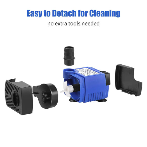 Small Submersible Fountain Pump For Aquariums And Outdoor Fountains, 80 GPH Adjustable Flow shown disassembled for cleaning