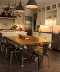 Golden Oak Reactive Interior Wood Stain 55 Gallon Drum VOC Free Water Based Finish in modern kitchen with wooden table.