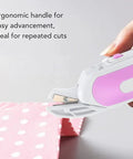 No Sweat Cordless Electric Scissors That Slays Through Heavy Fabric And Leather With Ergonomic Handle and Safety Guard For Reliable Sewing and Workshop Upgrades Now, showing ergonomic handle for easy cuts.