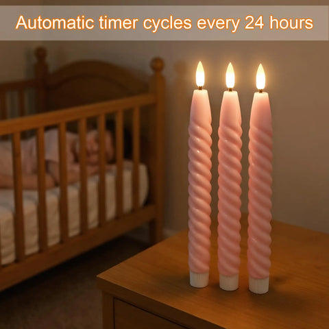 Pink Flameless Taper Candles Real Wax With Remote Timer 6 Pack 9.8 Inch LED Spiral on nightstand near crib
