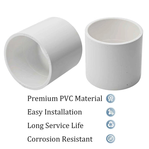 4 Pack 2 Inch SCH40 PVC Pipe Coupling Adapters Socket To Socket Heavy Duty Straight Pressure Fittings, shown on white background